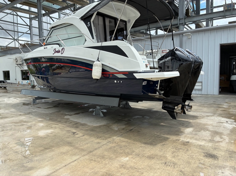 Boat stored on a modern dry rack system