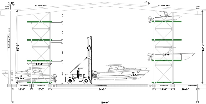 Marina dry rack storage layout diagram with beam specifications by level